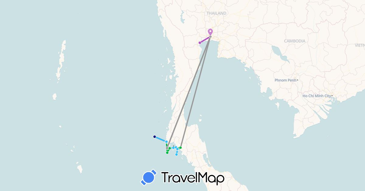 TravelMap itinerary: driving, bus, plane, train, boat, motorbike in Thailand (Asia)